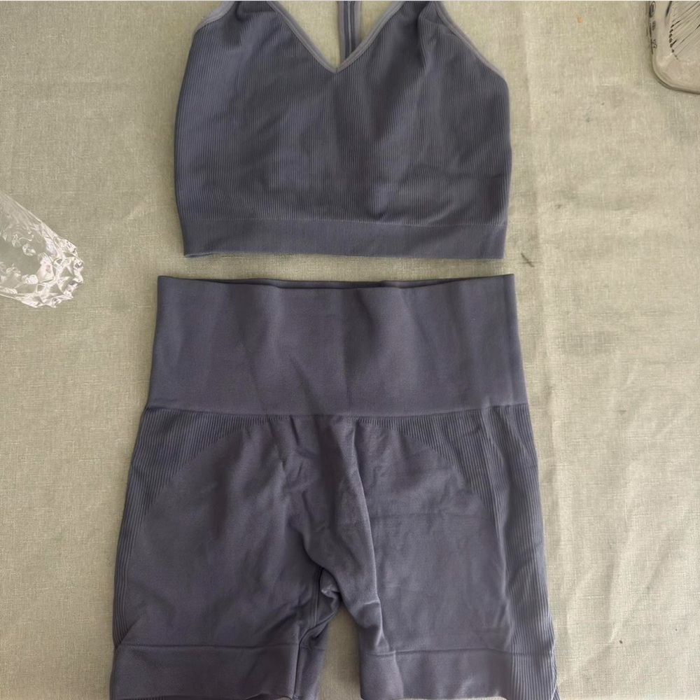 Blue Ribbed Sports Bra and Leggings Set